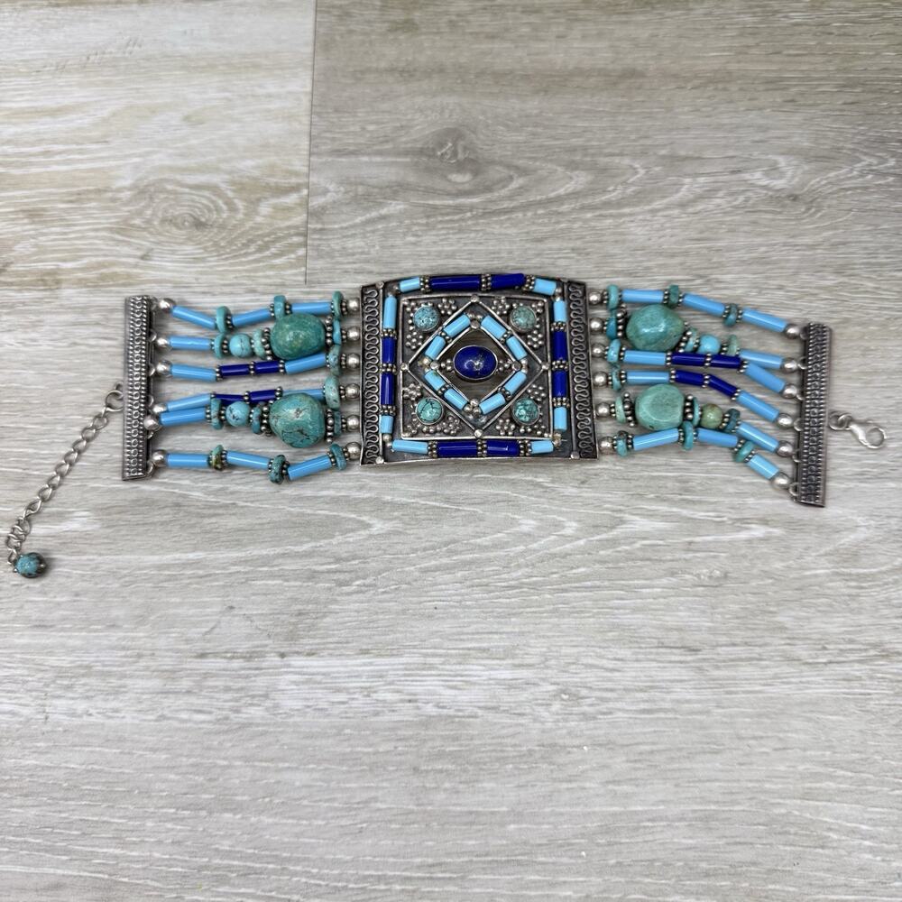 Sterling Silver 925 Turquoise and Lapis Statement Panel Bead Bracelet 80 grams
